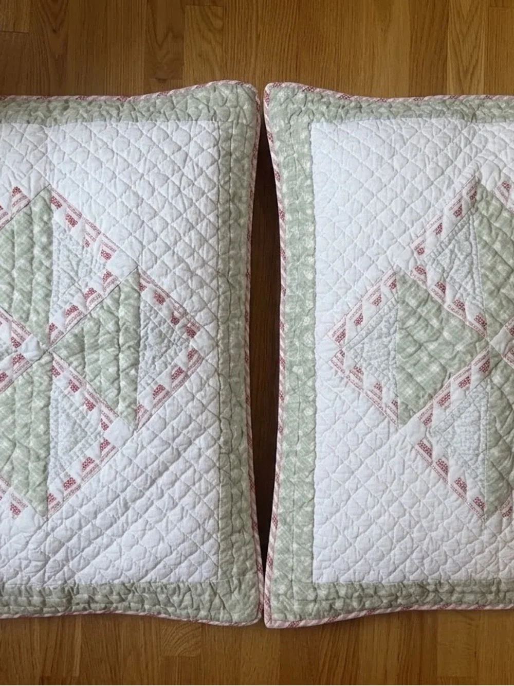 Source Unknown White Quilted Pillow Shams with Sage Green and Dusty Pink Trim